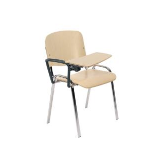 ISO 4-leg black / chrome frame conference training chair with beech wood seat and backrest and wood writing tablet