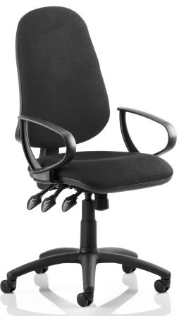 Elan XL Plus operator chair with 3-lever mechanism and fixed loop arms. Black fabric